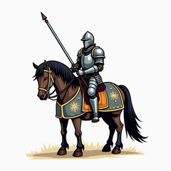 Fototapeta premium Illustration of a Medieval Knight in Full Armor Riding a Horse with a Lance