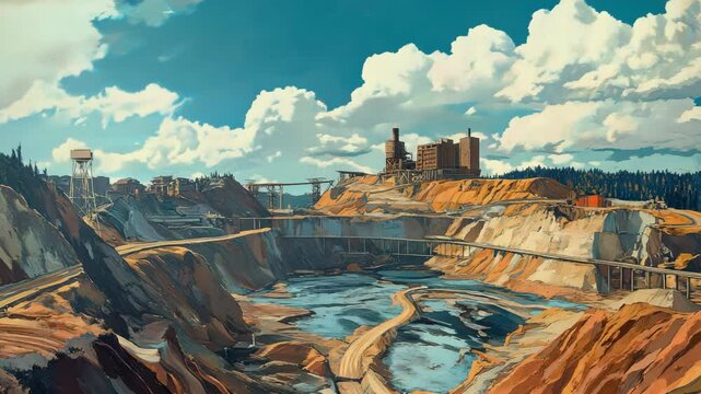 A painting of a mountain town with a river in the fore