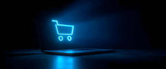 A sleek laptop screen displaying a glowing blue shopping cart symbol, representing modern e-commerce and online shopping.