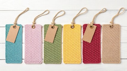 Colorful handcrafted crochet gift tags with natural twine and kraft paper labels