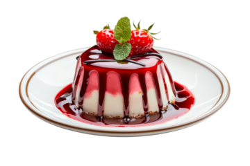 Creamy vanilla pudding with berry sauce and fresh strawberry topping isolated on trasnparent background