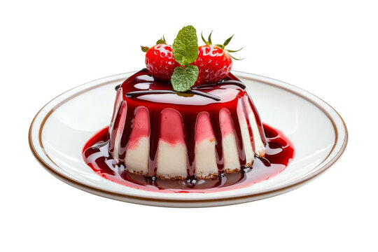 Creamy vanilla pudding with berry sauce and fresh strawberry topping isolated on trasnparent background