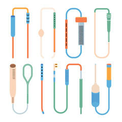 Collection of medical catheters and tubes with different designs and colors
