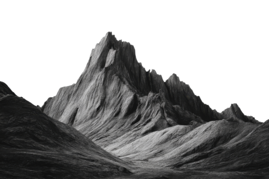 Black and white minimal mountain landscape isolated on transparent background