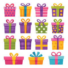 Collection of colorful gift boxes with ribbons and bows for celebrations
