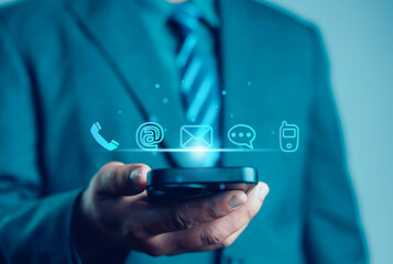 Businessman icons (address, phone, email, mobile, call) contact customer support, email website help, business contact service digital technology, contact us, 24 hours online customer service center c