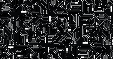 A white circuit line technology pattern on black background.