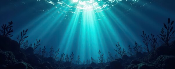 Obraz premium Silhouetted kelp forest, light piercing depths , blue, green, algae