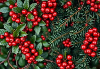 Abstract red berry, ivy, and pine branch background,  evergreen,  green