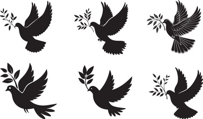  Dove Bird with Olive Branch Vector Silhouette ICON SET