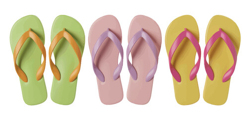 Collection of colorful flip flops arranged in a row on a white background