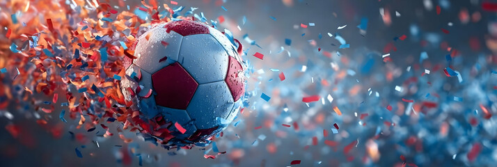 A dynamic soccer ball in motion surrounded by colorful confetti, capturing the excitement of a thrilling game.