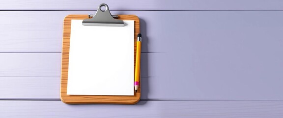 Cartoon wooden clipboard with blank white paper and pencil eraser,  note, clipboard