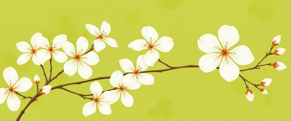 Delicate white blossoms on olive green watercolor background, rustic vintage style seamless pattern, print, illustration