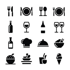 Collection of black restaurant and food icons on a white background