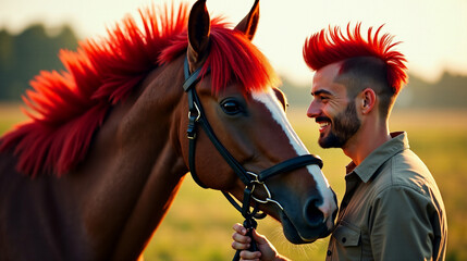 Obraz premium Man with red mohawk shares joyful moment with his horse featuring a striking red mane during sunset in an open field