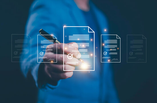 Electronic signature Businessman signs electronic document on digital document on page Electronic signature concept Writing business agreement Digital document management Paperless office	
