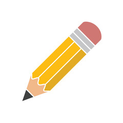 Simple yellow pencil with pink eraser and sharp graphite tip on white background