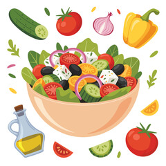 Delicious greek salad with fresh ingredients and olive oil bottle