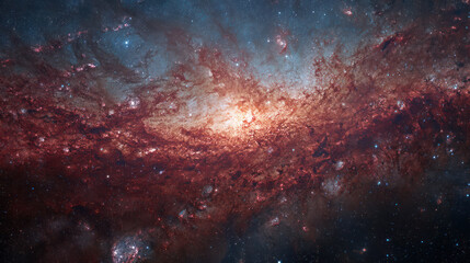 A breathtaking cosmic landscape showcases a galaxy with swirling clouds of gas and countless bright stars, illuminating the deep space.