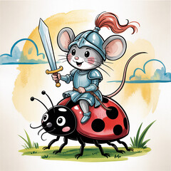 Brave Mouse Knight in Shining Armor Riding a Ladybug with Sword