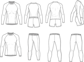 Men’s sportswear technical flat sketch, compression apparel vector template, workout gear design, gym leggings, training shorts, athletic shirt illustration