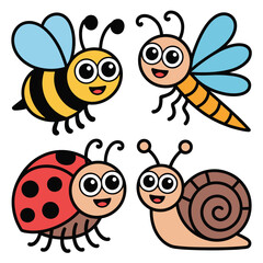 Cute cartoon bee ladybug dragonfly and snail characters on white background