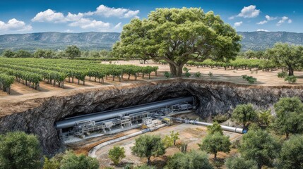 Obraz premium Hidden industrial complex beneath vineyard