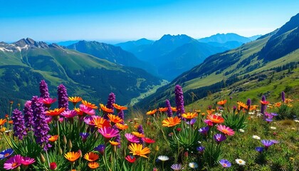 Serene mountain landscape with vibrant wildflowers, lush greenery, and clear blue sky,  relaxing,  sky