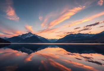 Naklejka premium Serene sunset over majestic mountains reflected in still lake water, evening, scenic