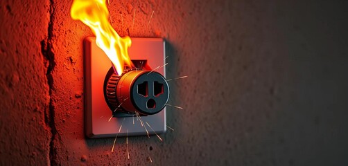 Sparking electrical plug in receptacle, flames engulfing it, concrete wall backdrop, destruction, detail