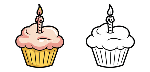 Cute cartoon cupcake with lit birthday candle and outline version