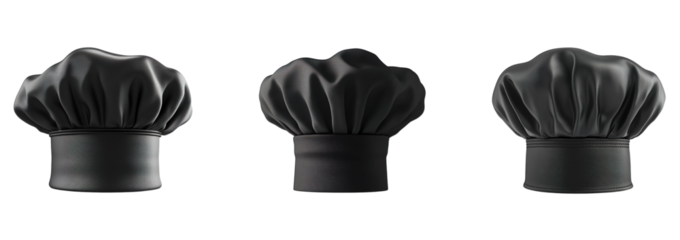 Set of black chef hats isolated on transparent background, png, cutout