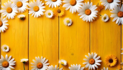 Obraz premium Spring composition. White and yellow daisy flowers on yellow wooden tabletop background