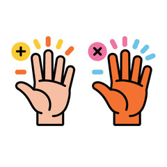 Two cartoon hands with plus and minus symbols indicating success and failure
