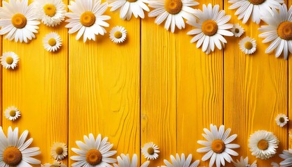 Obraz premium Spring composition. White and yellow daisy flowers on yellow wooden tabletop background