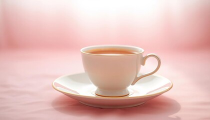 Obraz premium Warm teacup on saucer, soft pink backdrop, gentle light, china, aesthetic