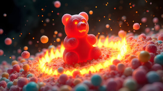 Bonbon ourson en g&eacute;latine orange entour&eacute; de petites gourmandises, le fond est noir, flammes et propulsion | halloween 
