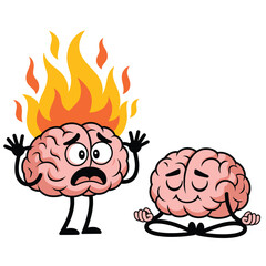 Cartoon brain on fire stressed out next to calm brain meditating peacefully