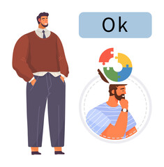 Man in casual attire standing confidently, thinking concept inside circular outline with puzzle pieces. Ideal for confidence, decision-making, brainstorming, problem-solving, approval, creativity