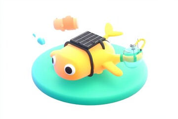 Fototapeta premium 3D cartoon ocean cleanup drone with solar yellow body and plastic trap, isometric view on white background in high definition