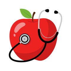 Healthy Red Apple with Stethoscope Flat Design Vector Illustration - Wellness Medical Graphic
