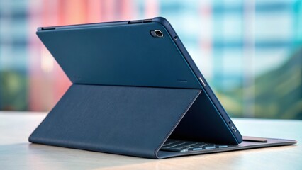 Stylish blue tablet case with integrated keyboard and stand on a wooden surface