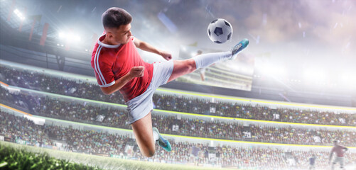 Soccer action game. Championship. Soccer players playing with ball at stadium. Soccer players in...