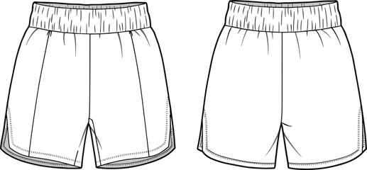 Women's athletic running shorts fashion flat sketch, vector illustration technical drawing with front and back views for apparel design and tech packs.
