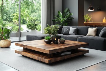 Black wood-grain coffee table with open storage drawer, set in living room background, modern functional design with clean lines and natural texture.
