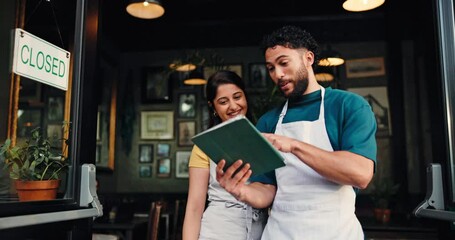 Teamwork, tablet and high five with people in cafe for delivery schedule, inventory success and order. Hospitality, restaurant manager and barista goals with small business owner in coffee shop - Powered by Adobe