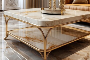 White marble coffee table with golden metal X-shaped legs, two storage shelves, fine details, cinematic lighting, high-resolution isolated stock photo on plain background.