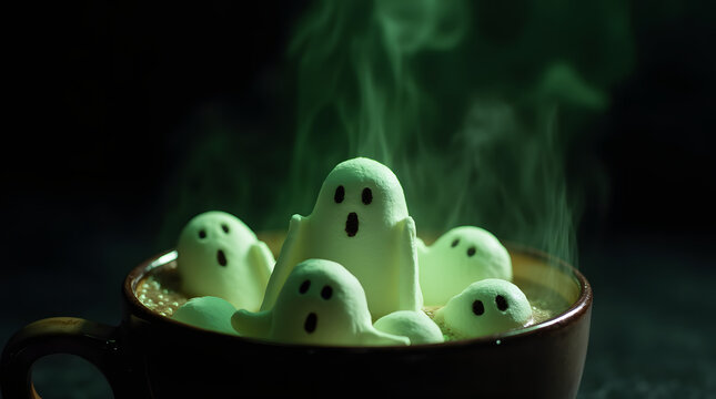 Mug de chocolat chaud aux chamallow fant&ocirc;mes. isol&eacute; avec effet n&eacute;on vert, la sc&egrave;ne est fumante, amusante et horrifique parfait pour halloween