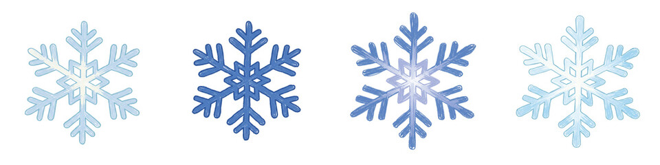Set decorative snowflakes in various shades of blue on white background  